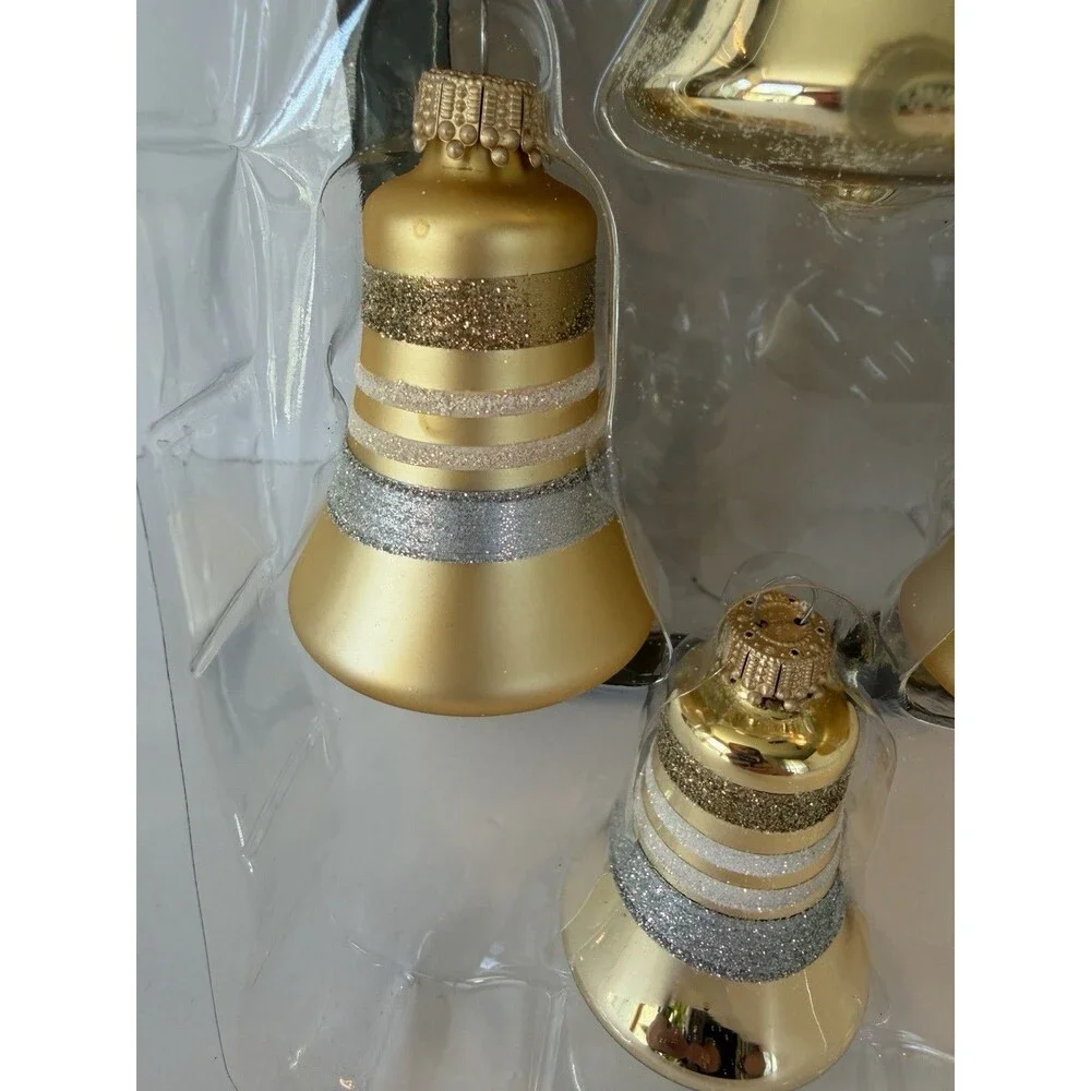 4 Gold Glass Striped Bell Christmas Ornaments Vintage Krebs Glitter Holiday Box